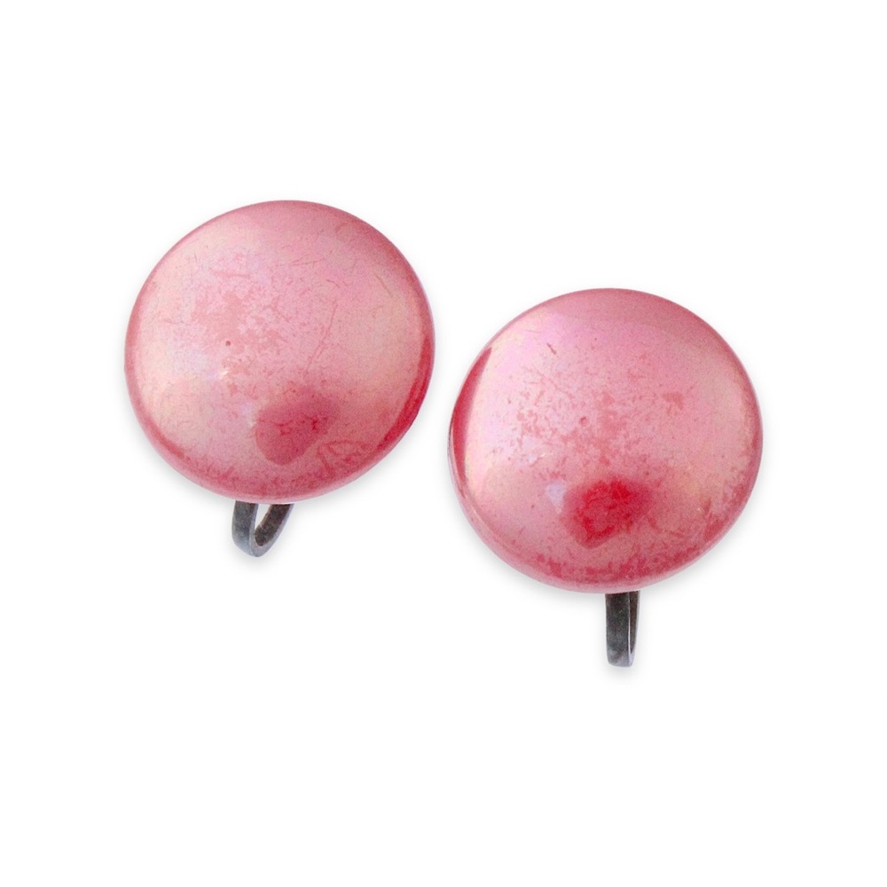 Vintage Sterling Silver Pink Plastic Button Screw Back Earrings Mid-Century